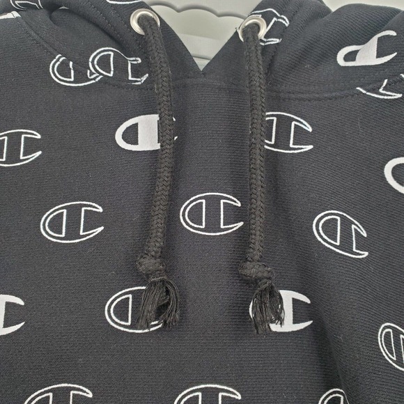 Champion Reverse Weave Hoodie Men's Small Black All Over Logo Side Stretch Flaw - Picture 5 of 14